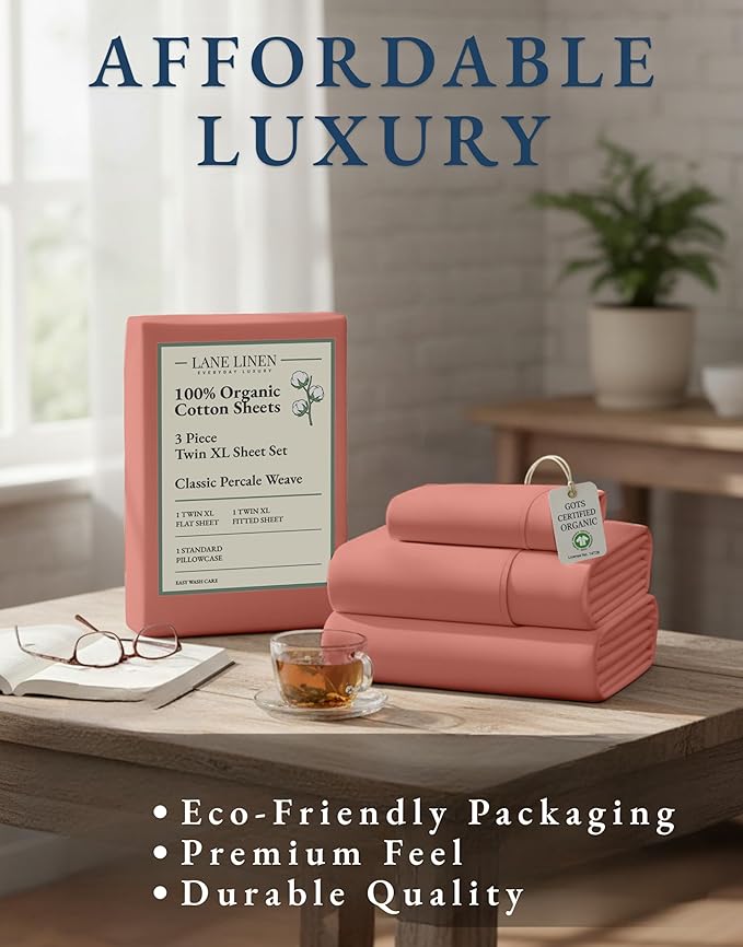 LANE LINEN 100% Organic Cotton Twin Sheet Set, Soft & Comfy Premium Bedding Sheets & Pillowcases, Luxury Hotel Like Percale Sheets, Reinforsed French Seam in Fitted Sheets Pocket - Rose Dawn