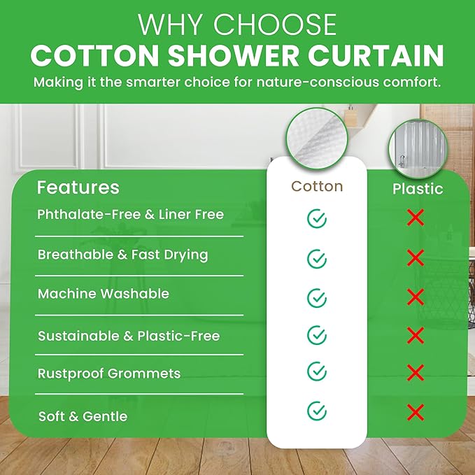 FABRIC SHOWER CURTAIN LINER 70"x74" Standard Bathtub Size, Stylish Quality Bathroom Drape, Earth Friendly Non-Toxic Odor-Free natural Cotton Liner Light-Weight Washable WHITE Shower Curtain 70x74 WC