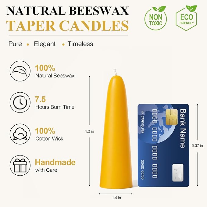 2 Pack Natural Beeswax Taper Candles, 1.3×4.3 Inch Bees Wax 7.5 Hours Long Burning Time, Eco-Friendly Non-Toxic Smokeless Handmade 100% Pure Beeswax, for Home Decor, Meditation, Relaxation & Gifts
