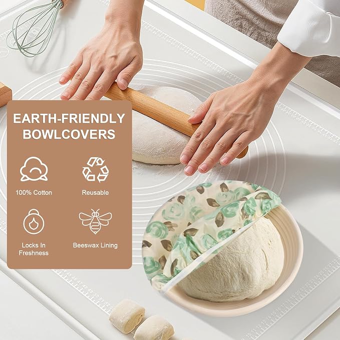 Reusable Bowl Covers for Bread Proofing - Beeswax Bowl Covers Reusable 3 Set, Cotton Blend Stretch Design, Fits 4-13 Inch Bowls, Shower Caps for Sourdough Bread, Dough Proofing & Food Storage（Roses）