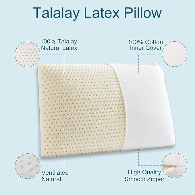 Kiss Dream 100% Talalay Latex Pillow, Natural Sleeping Bed Pillow - Luxury Soft Queen Size Pillow for Side, Back, and Stomach Sleepers - Removable Breathable Cotton Cover (1, Standard (Mid Loft))