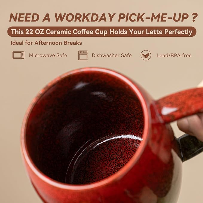 Handmade 22oz Ceramic Coffee Mug, Ergonomic Large Handle, Ideal Gift for Coffee Lovers, Microwave & Dishwasher Safe (Minute-Red&Green)