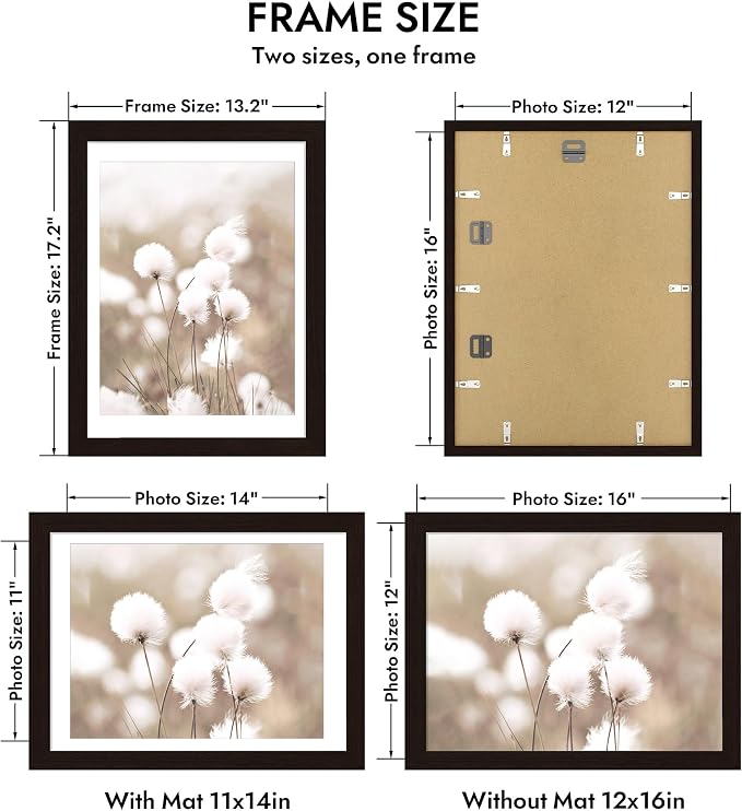 Hongkee 12x16 Oak Wood Picture Frame 1 Pack(Matted 11x14), Real Glass Cover | Black, 12 x 16 Solid Wood Frame for Wall Mounting - Includes Easel Back, Vertical Hang - Ideal for Home, Office
