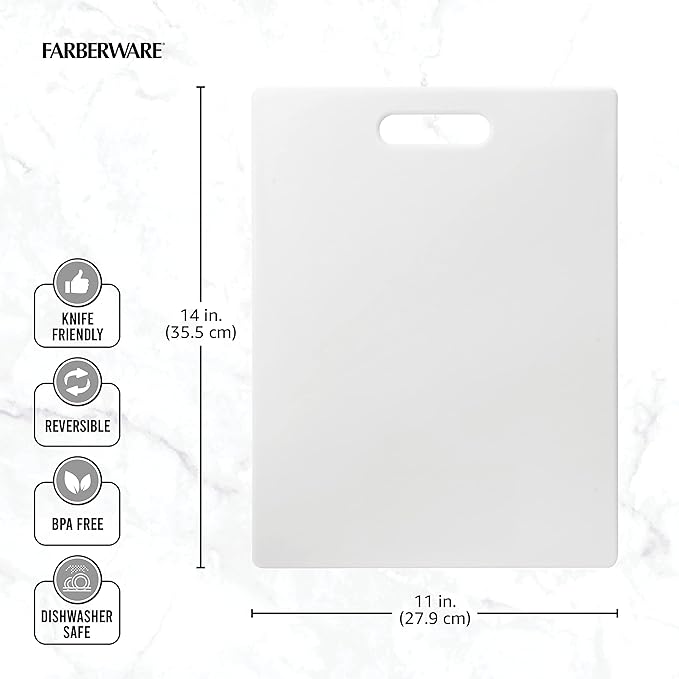 FARBERWARE Large Cutting Board, Dishwasher- Safe Plastic Chopping Board for Kitchen with Easy Grip Handle, 11in by 14in, White