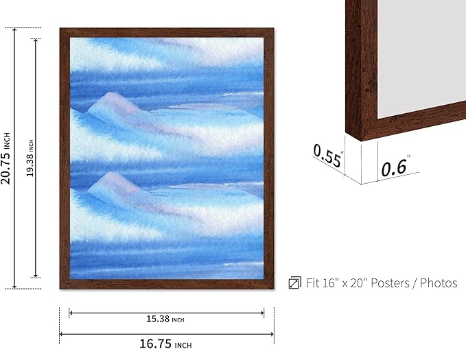 Monem Art Blue Watercolor Abstract Landscape Print - Minimalist Ocean Horizon Art Poster - Wall Decor for Living Room, Bedroom or Office - 16x20 Brown Framed Wall Art by Rs Lab Studio