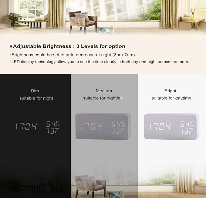 Alarm Clock Wood Digital Clock for Bedroom Snooze Modern LED Desk Clock Display Time Temperature Humidity Brightness Adjustable for Kids Teens Home Office White