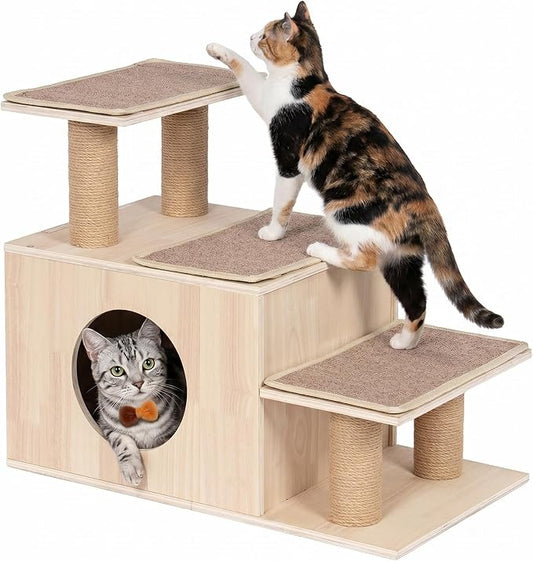 3-in-1 Pet Stairs for Cats, 7.87" Depth Pet Steps for Cat, Wood Cat Stairs for High Bed and Sofa, 1 Condo Cave, Scratching Post, Sturdy Indoor Pet Stairs with Non-Slip Carpet Pads
