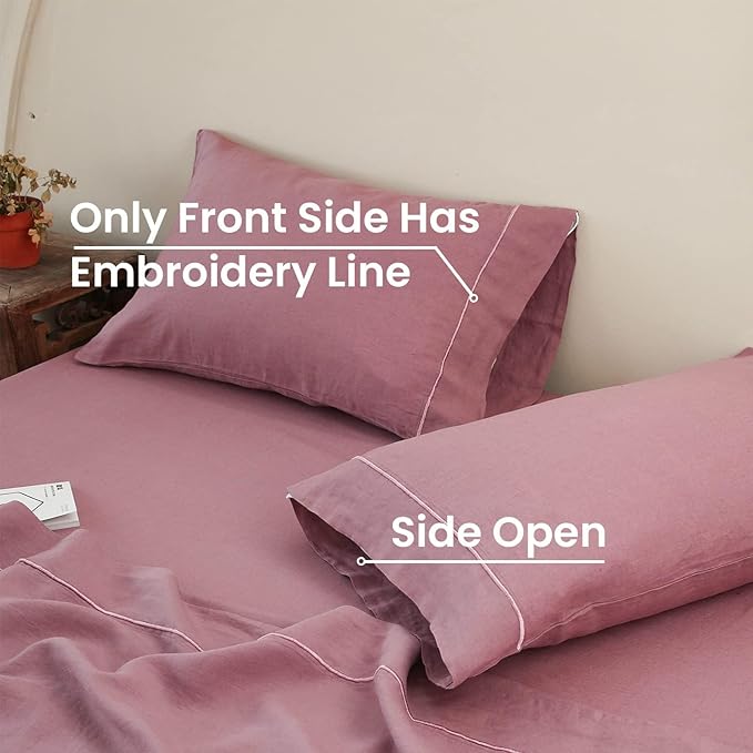 100% French Linen Pillowcases with Embroidery - Pack of 2 - Washed Solid Color Natural Flax Soft Breathable - Purple, 20'' x 40''