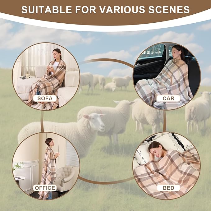 100% Wool Blanket Throw,Beige Plaid Wool Blanket with Compact Bag,Rustic Soft Lightweight Blanket for Couch,Sofa,Bed & Lounging Decoration, Warm Travel Blanket for Home, Airplane,Ideal Gifts 55"x83"