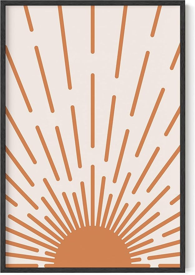 Minimalist Sunburst Wall Art Abstract Geometric Arch Earth Tones Terracotta Mid Century Modern 24x36 Inch Oak Wood Black Framed Boho Sunrise Print for Bedroom Living Room Decor