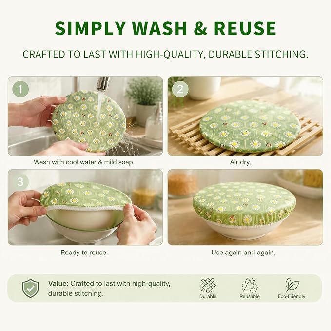 Reusable Bowl Covers Elastic, Beeswax Food Wraps for Sourdough Bread (Green) | Shower Caps for Sourdough Bread Proofing, Washable Sustainable Cloth Covers for Kitchen Mixing Bowls, 2-Pack