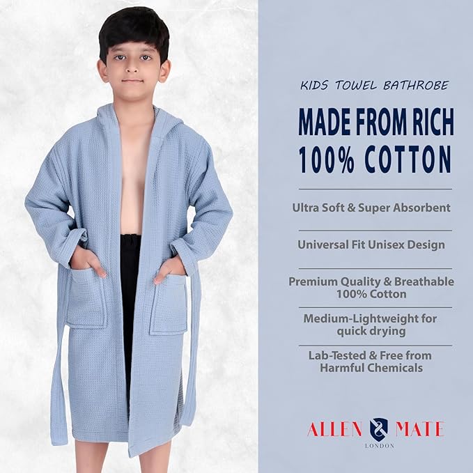ALLEN & MATE 100% Cotton Waffle Terry Towel Hooded Kids Bathrobe – Soft Absorbent Medium Weight Swim Robe for Boys & Girls
