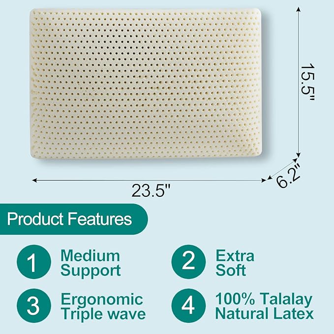 Kiss Dream 100% Talalay Latex Pillow, Natural Sleeping Bed Pillow - Luxury Soft Queen Size Pillow for Side, Back, and Stomach Sleepers - Removable Breathable Cotton Cover (1, Standard (Low Loft))