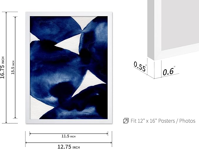 Monem Art Indigo Abstract Watercolor Painting Print - Minimalist Modern Art Poster - Wall Decor for Living Room, Bedroom or Office - 12x16 White Framed Wall Art by Mareike Bohmer