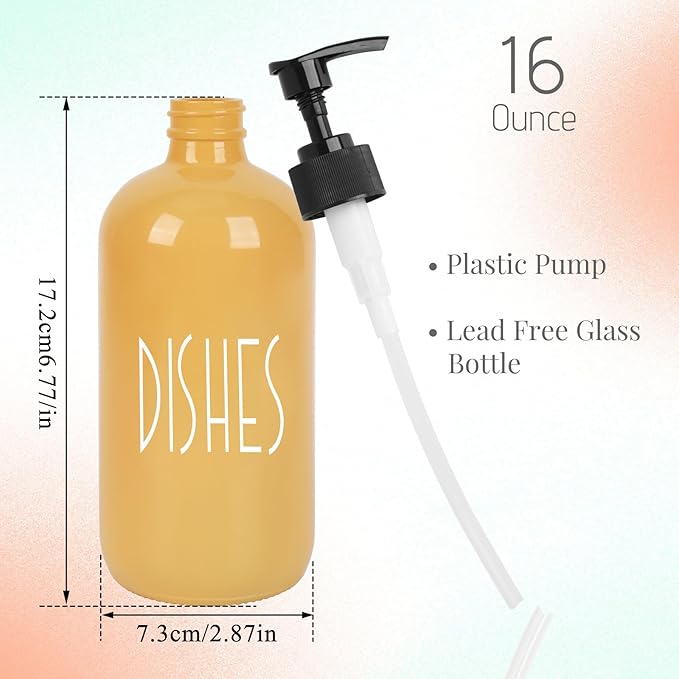 Glass Soap Dispenser with Plastic Pump for Kitchen - 16 OZ Glass Hand Soap Dispenser Set - Kitchen Bathroom Decor and Accessories (Yellow)