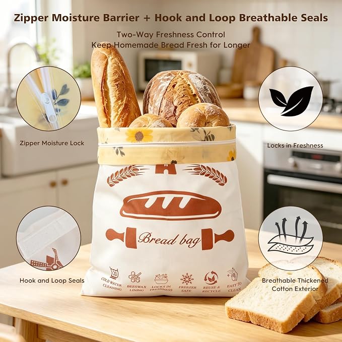 Beeswax Bread Bags with Dual Seal Removable Liner for Homemade Sourdough | 2 Pack XL reusable organic cotton bags with removable easy‑clean printed liner, zipper & hook‑loop seals to keep loaves fresh