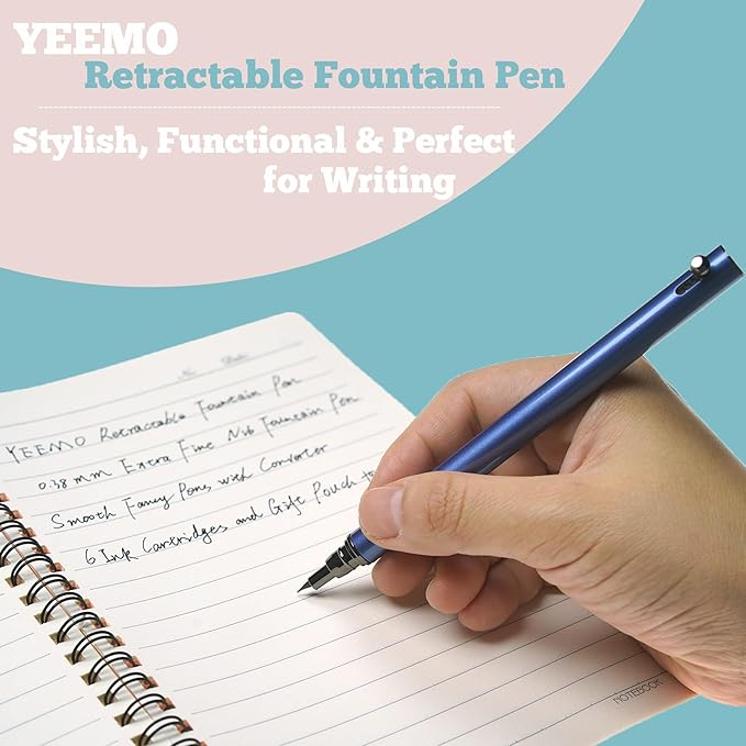 Retractable Fountain Pen – 0.38 mm Extra Fine Nib Fountain Pen, Smooth Fancy Pens with Converter, 6 Ink Cartridges & Gift Pouch for Writing (Blue)