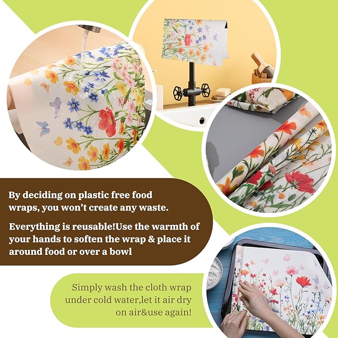3 Rolls Reusable Beeswax Wraps for Food 13 x 40 Inches Bees Wax Wraps Reusable Food Storage Wrap Beeswax Paper Roll for Bread Sandwich Cheese Fruit Snacks(Spring)