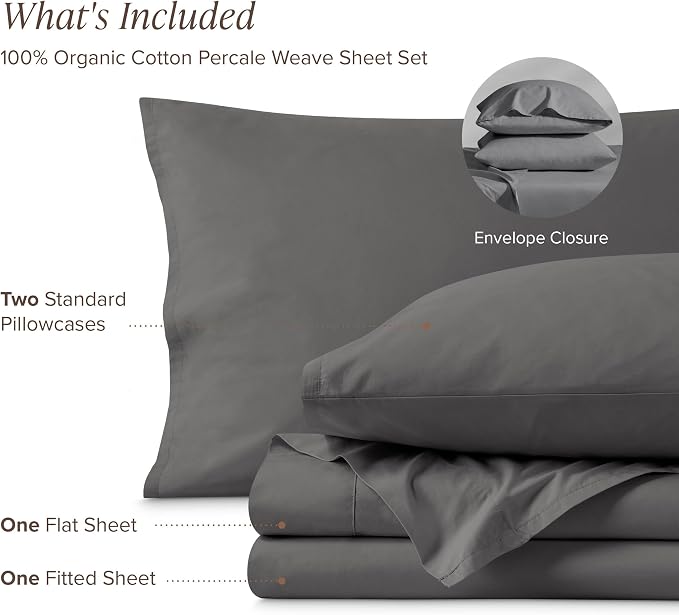 Bare Home 100% Organic Cotton Full Sheet Set - Crisp Percale Weave - Lightweight & Breathable - Bedding Sheets & Pillowcases (Full, Grey)