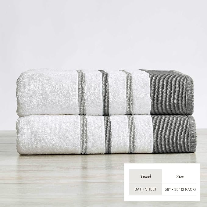 Great Bay Home Decorative Oversized Bath Sheet Set - Cotton 2 Pack 68x35 Extra Large Towels - Durable Towels for Bathroom Decor (Dark Grey/Light Grey)