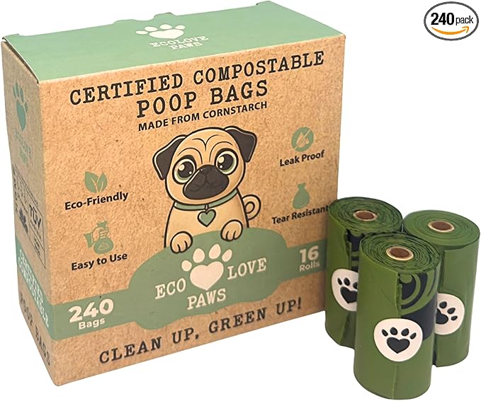 100% Certified Home Compostable Dog Poop Bags, Extra Thick, Plant-Based, Plastic-Free, Unscented, 240 Bags (16 Rolls), Leakproof & Easy Open