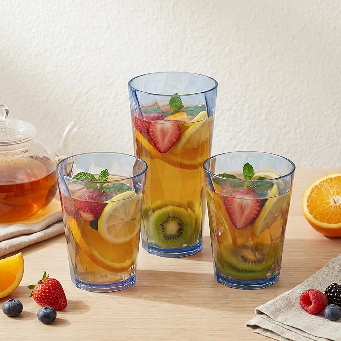 LemonRoad 12 Pack Reusable Plastic Drinking Glasses Set - 20oz & 13.5oz Stackable Tumbler, Shatter-resistant Highball Cups for Water, Cocktail, Iced Coffee, Indoor Outdoor Use, BBQ, Patio, Pool (Blue)