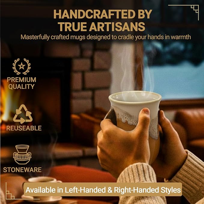 Clay in Motion Hand Warmer Coffee Mug – Handmade Coffee Mug With Comfortable Handle Contoured Pocket Hand Warming Ceramic Coffee Mug – Proudly Made in USA – Left Handed – 14 Oz - Desert Sand