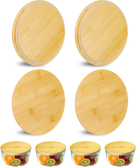 Replacement Wooden Lids for Pyrex, Anchor Hocking Glass Containers 7402-PC*4, Bamboo Lids for Pyrex 7Cup Glass Bowls, Bowl Covers with Leakproof 4 Pack