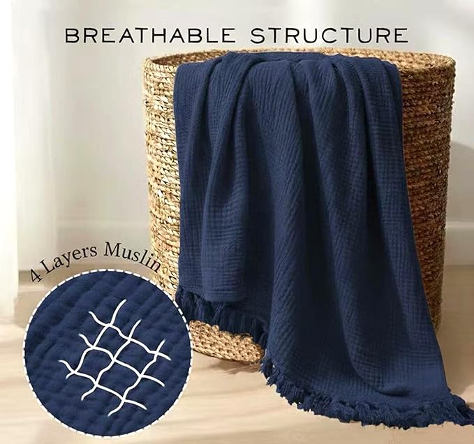 KyraHome 100% Organic Cotton Throw Blanket, 50"x60", Pre-Washed Plant Dyed, Breathable, Lightweight Gauze Muslin Blanket for Adult, Couch, Bed, Travel, All Season (Navy)