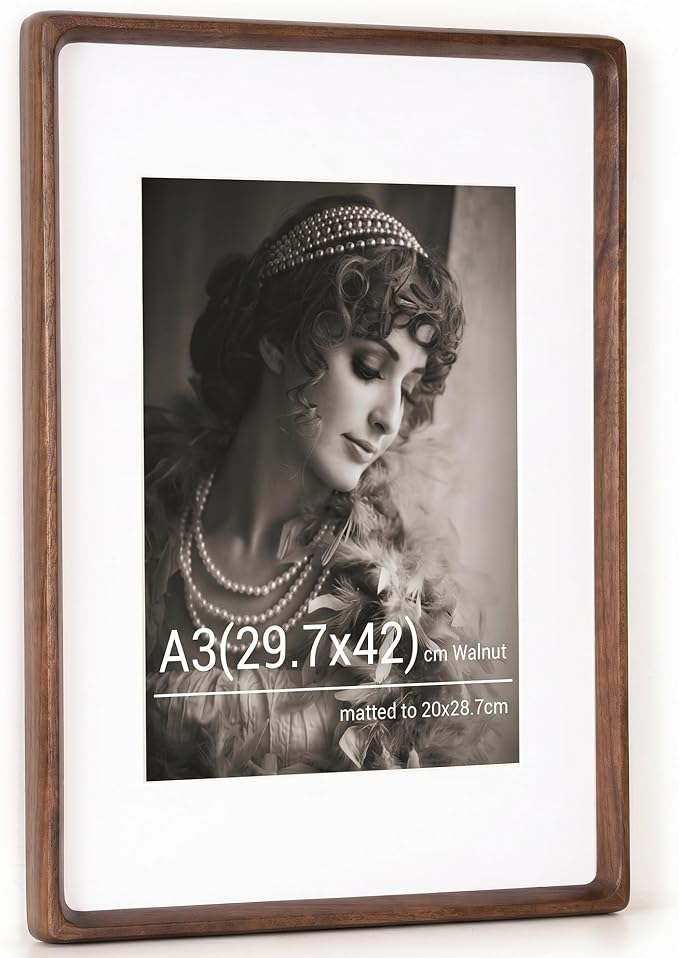 A3 Picture Frame, USA-Sourced Walnut Wood Photo Frames with HD Tempered Glass, Handcrafted Rounded Corner A3 Wooden Frame Matted to A4 Photos, Tabletop or Wall Display