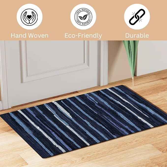 WeWove Hand Woven Chindi Rug Cotton - Boho Rustic Farmhouse Area Accent Throw Rug - Area Floor Carpet for Bedroom Living Room Kitchen Dorm Entryway Hallway - 20x32 inch Area Rug Blue Multi
