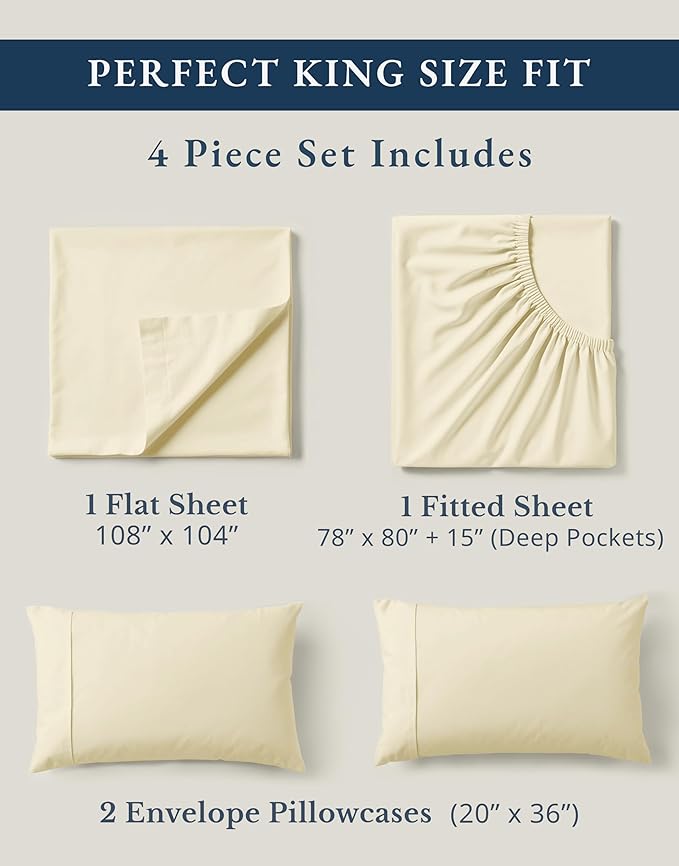 LANE LINEN 100% Organic Cotton Sheets King Size - 4 Pc Bed Sheets King Size, Soft & Breathable Cotton Sheets Set, Percale Sheet & Pillowcase Sets, deep Pocket Sheets Set - Natural