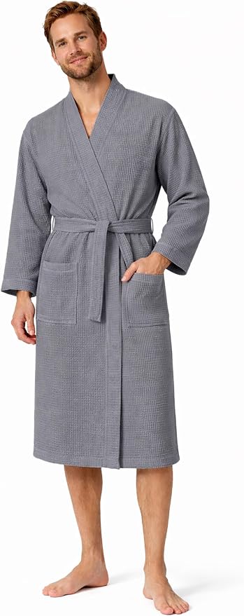 Turkish Linen Men’s Waffle Bathrobe Lightweight Kimono Spa Robe – Quick Dry Bath & Shower Robe for Men with Pockets