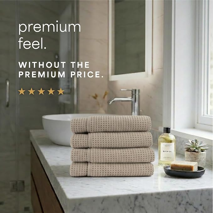 S&T INC. Aura Microfiber Waffle Bath Towels, 4 Pack, Quick-Dry, Ultra Absorbent, Lightweight Towels for Bathroom, 30 inches x 60 inches, 420GSM, Beige