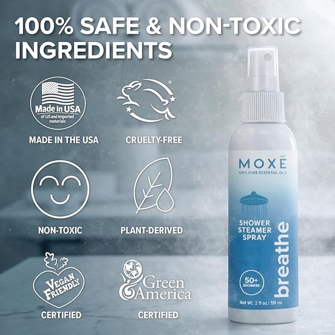 MOXĒ Shower Steamer Spray Breathe Essential Oil Shower Spray – Relaxing Aromatherapy Mist for Home Spa Experience – Pure Plant Based Fragrance for Daily Routine – 1 Pack, 2oz