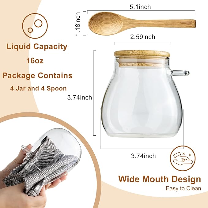 Airtight Glass Food Storage Jars with Bamboo Lid and Spoon - Wide Mouth Leak Proof Kitchen Canisters for Coffee Beans,Tea Leaves,Cereal,Flour,Nuts,and Pantry Organization (16oz 4PCS)