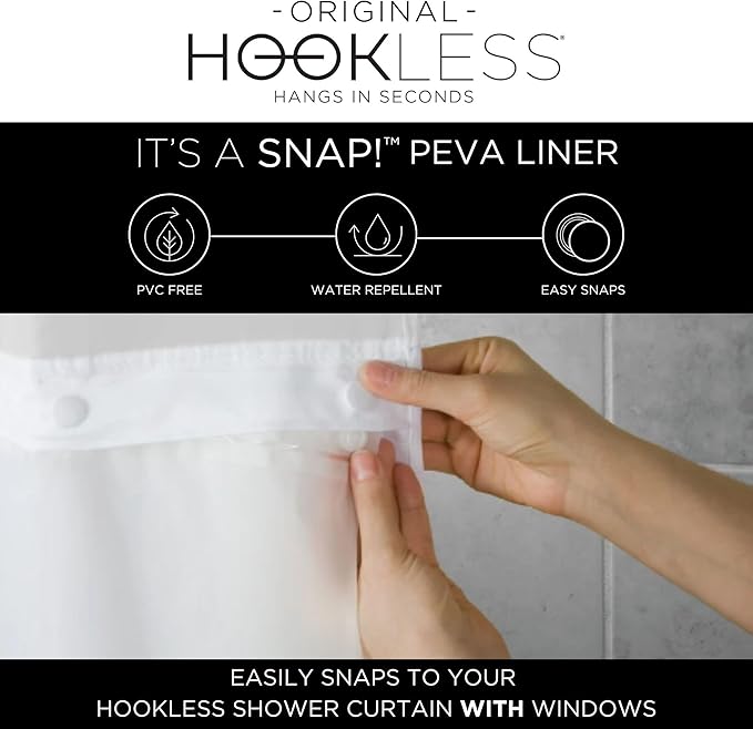 Hookless It’s A Snap! Plastic PEVA Antimicrobial Snap-in Replacement Shower Curtain Liner for Hookless Curtain with Sheer Window, 70" x 54", Water-Repellent, Easy Install, Frost