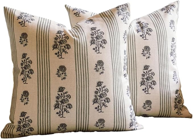 Amor Virisso Floral Throw Pillow Covers 22x22 Set of 2 Block Print Pillow Covers Neutral Floral Striped Farmhouse Decorative Pillow Covers for Sofa Couch Bed, Dusty Green