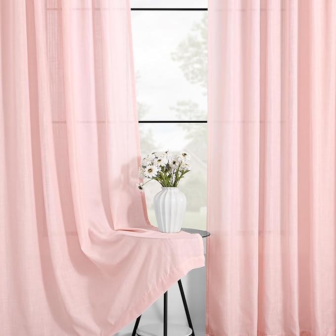 Pink Light Filtering Linen Curtains 63 Inch Length 2 Panels for Girls Bedroom Nursery Soft Drapes Semi Sheer Farmhouse Boho Texture Window Treatment Sets Drapes for Living Room