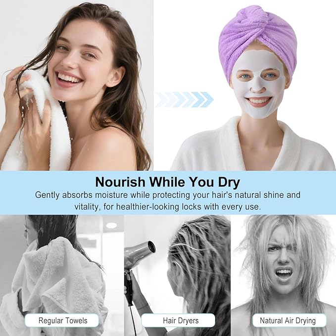 Microfiber Hair Drying Towel Wrap for Women, Hair Turbans Towel for Wet Hair,turbie Twist Hair Towels(The Color of the Picture is for Reference only) (Purple,Light Green)