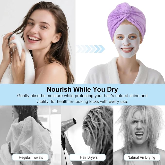 3 Packs Single Layer Microfiber Hair Drying Towel Wrap for Women, Hair Turbans Towel for Wet Hair,turbie Twist Hair Towels（Gray Color + Purple Color + Light Blue Color