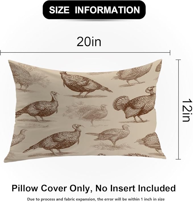 Shrahala Wild Turkeys Decorative Throw Pillow Cover, Vintage Turkey Illustration Lumbar Pillowcase Blended Double-Sided No Inserts for Bedroom Living Room Set of 2 (12 x 20 in)