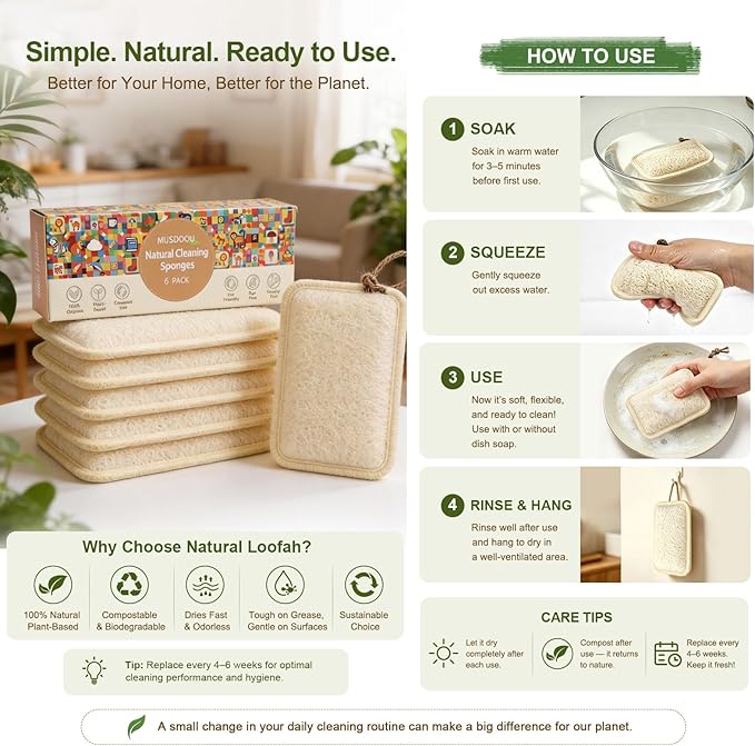 Natural Loofah Dish Scrubber Sponges, 6 Pack Large Plant-Based Kitchen Cleaning Pads, Compostable Non-Scratch Scouring Sponge for Dishes, Sink, Grout and Tile, 4.4 x 2.8 in