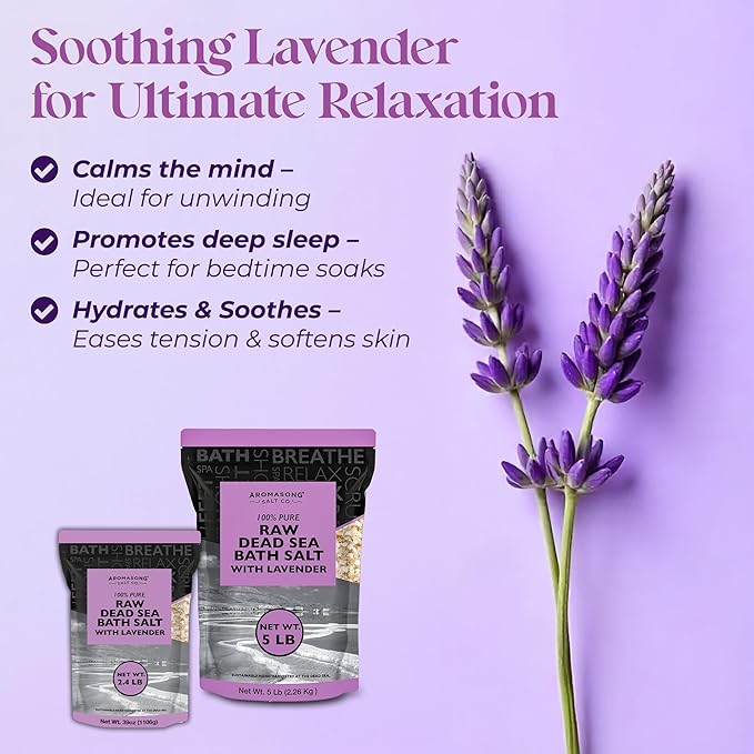 Aromasong Pure Raw Dead Sea Salt for Soaking with 100% Natural Lavender, 5 LB - Spa Bath Salt Fine Grain - Body Wash Scrub - Soak for Women & Men- Bulk Resealable Pack