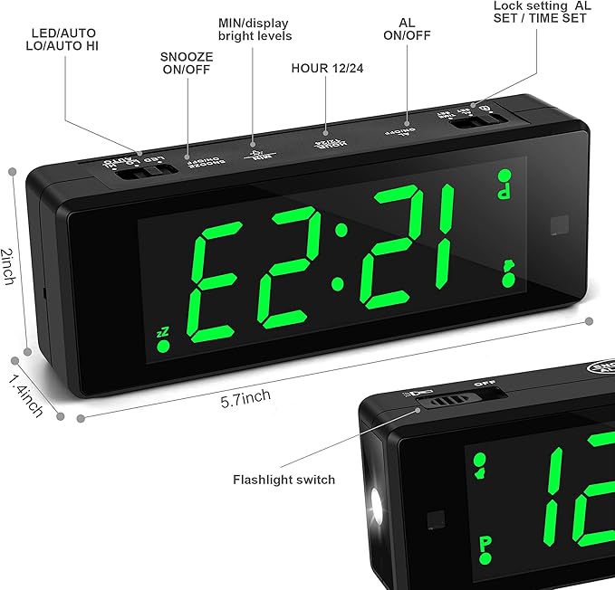 Digital Alarm Clock Battery Operated with Hybrid LED/LCD Time Display, Night Visiable, Emergency Flashlight, Small Travel Clock for Bedroom Bedside (Green Display)