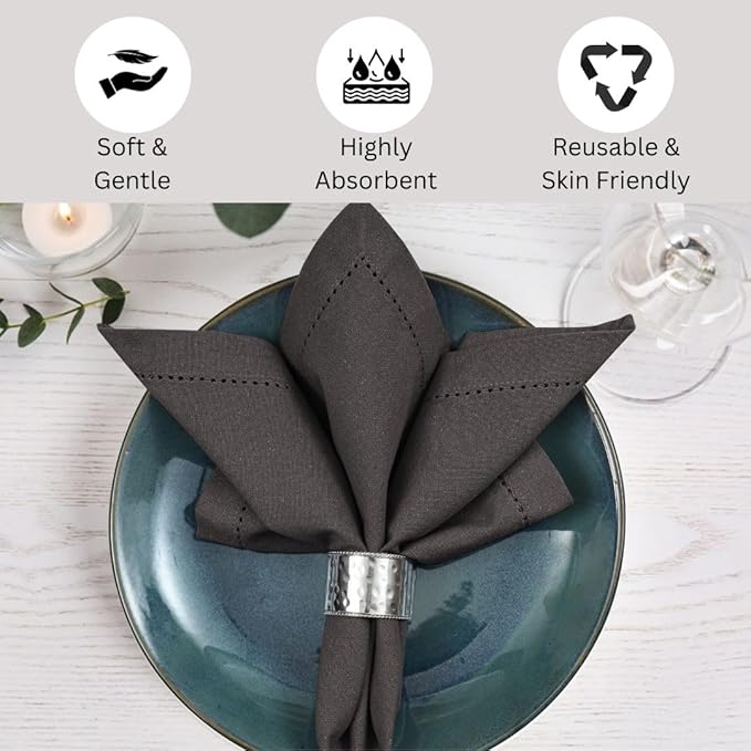 Hemstitch Cloth Dinner Napkins 100% Cotton Set of 6 - for Dining Special Occasions Weddings Parties Holidays Easter - Soft Durable Washable - 18x18 Inch Table Cloth Napkins Charcoal Grey