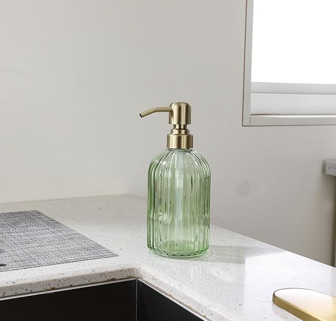 16Oz Green Glass Soap Dispenser with Rust Proof Stainless Steel Pump, Green Stripe Bathroom Hand Dish Lotion Dispensers with Brushed Gold Pump,Brushed Gold Glass Soap Dispenser