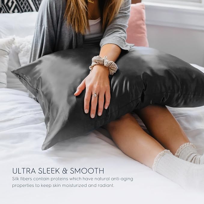 Tafts Pillow Cases - 22mm 100% Pure Mulberry 6A Silk Pillowcase for Hair & Skin with Zipper Closure, Cooling, Natural, Organic, Double Sided Silk Pillow Case (Charcoal Grey, Queen 20x30 1pc)