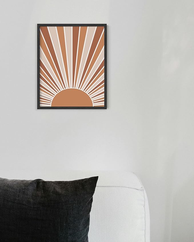 Boho Rising Sun Wall Art Sunburst Rays Earth Tones Terracotta Mid Century Modern 8x10 Inch Oak Wood Black Framed Minimalist Landscape Sunshine Print for Nursery Decor