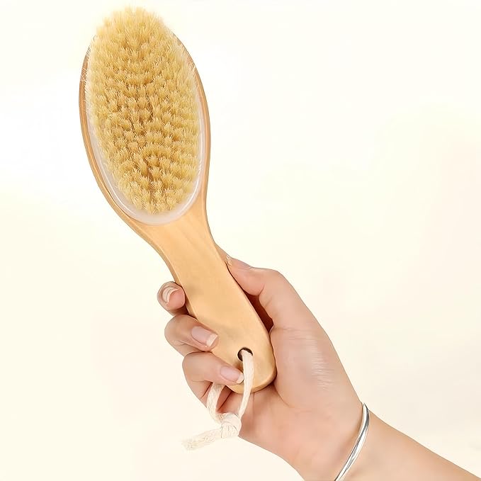 Dry Brushing Body Brush with Contoured Wooden Handle,Natural Bristle Exfoliating Scrubber for Lymphatic Drainage,Dry Skin,Pore Cleansing,Cellulite Decrease and Blood Circulation Boost